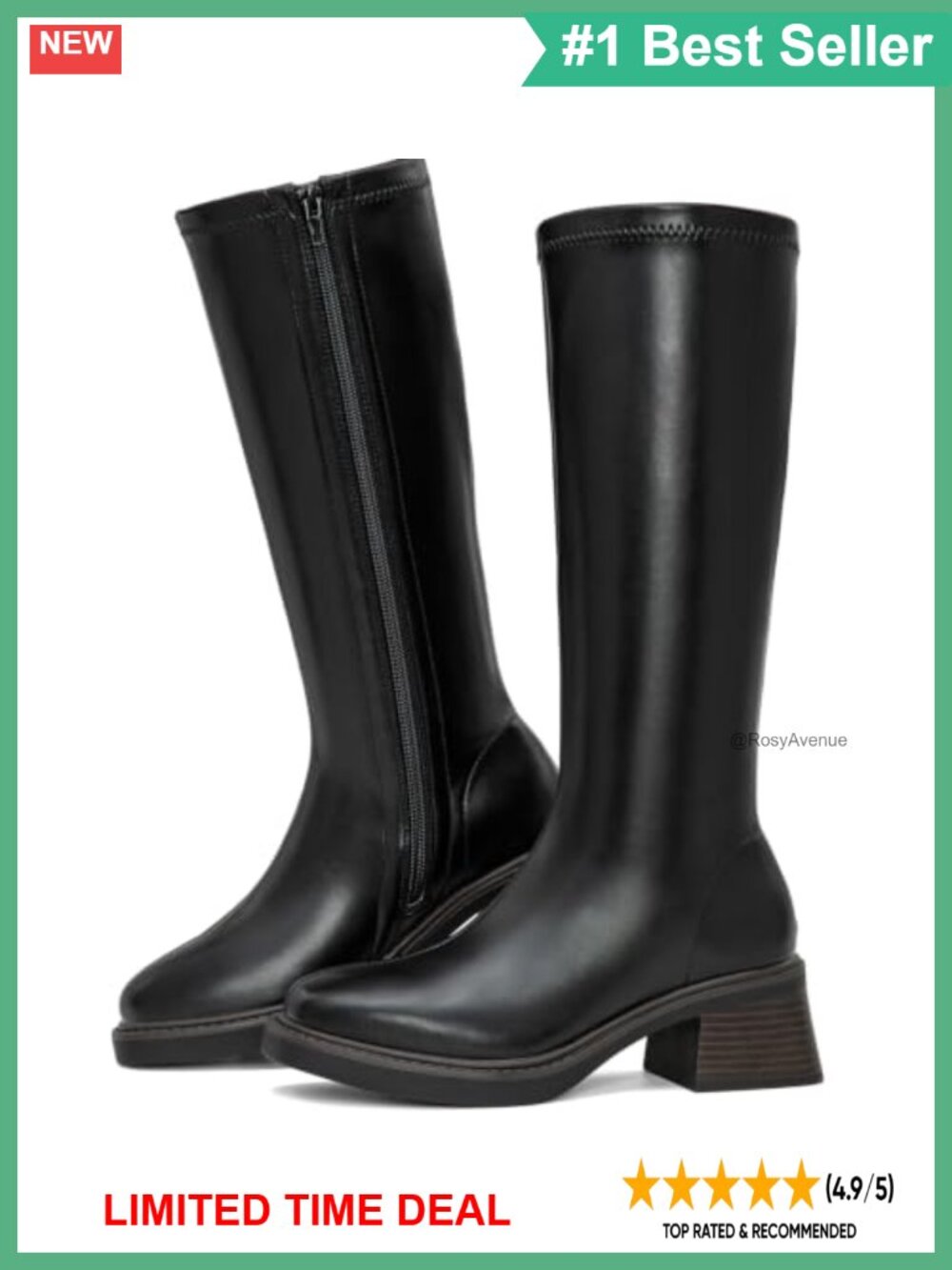 Block Low Heel Knee High Riding Boots Square Toe Faux Leather